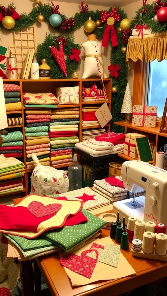 Creative Christmas Gift Sewing Projects A sewing workspace with colorful fabrics and handmade Christmas gifts.